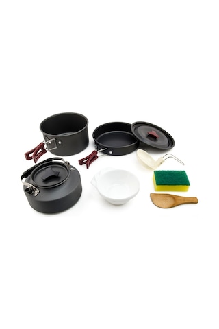 Wıdesea Wsc-203J 2-3 Kişilik Alüminyum Kamp Tencere Seti Çaydanlık Kızartma Tavası Bpa Içermez Fda Sertifikalı Değil - Gri/Kırmızı