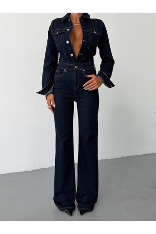 Herton Kadın Düğmeli Ceket Yaka Bol Paça Wide Leg Jean Tulum Denim