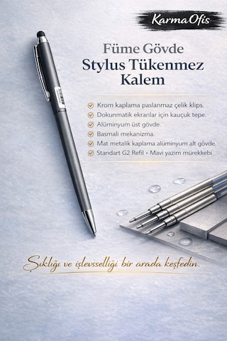 Stylus Tükenmez Kalem Füme Gövde Dokunmatik Uyumlu Premium Metal Kalem Füme