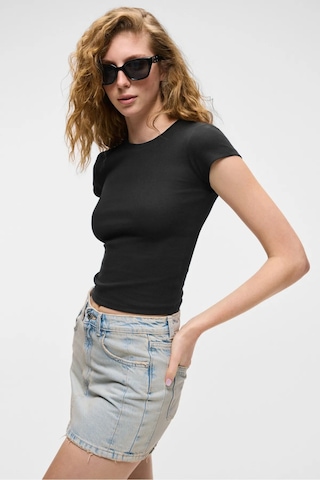 Grimelange HOPEWELL Kadın Yuvarlak Yaka Örme Slim Fit Siyah T-Shirt