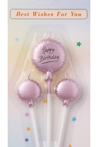 3'lü Balon Tasarımlı Pembe Happy Birthday Pasta Mum Seti - Doğum Günü Pastası Mumu 11-12