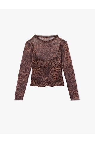 Koton Slim Fit Uzun Kollu Leopar Baskılı Tül Tişört Kahverengi Desenli 6wal10436ık Kahverengi Desenli