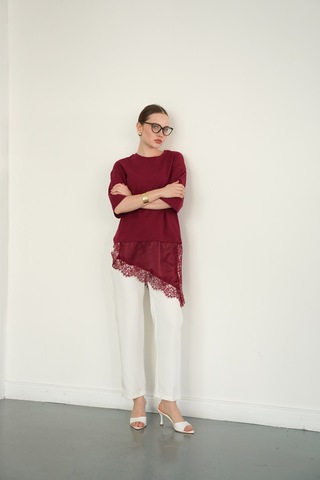 Verymoda Dantel Ve Saten Detaylı Asimetrik Tişört D2942 Bordo