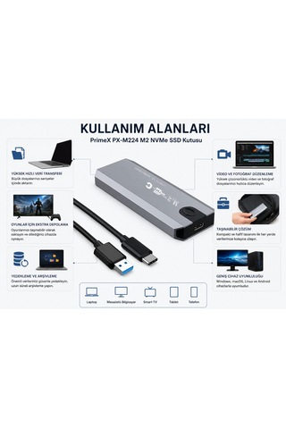 Primex Px-m224 M2 Nvme Ssd Kutusu, Typec-usb3.1/3.2 Nvme Ssd Kutusu, Harici Usb-c Pcıe Nvme M.2 Ssd Hdd Kutusu, Alüminyum Harici Ssd Kutu