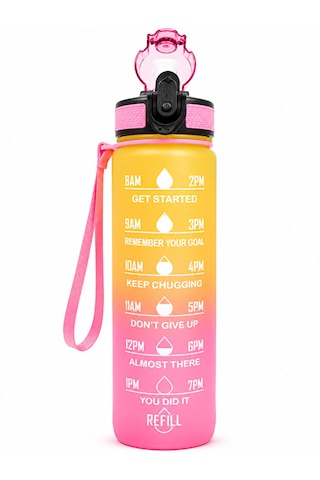 900 Ml Motivasyon Matarası Sızdırmaz, Kilitli, Silikon Uçlu, Taşıma Askılı, Geniş Ağızlı Su Matarası pembe
