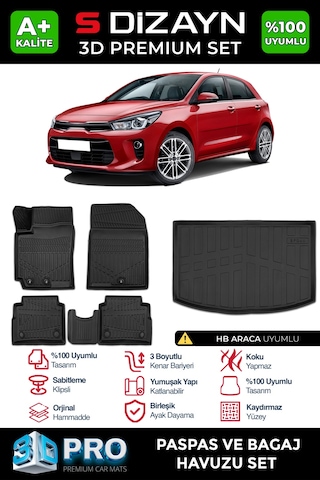 S-dizayn Kia Rio 3d Pro Havuzlu Paspas Ve Bagaj Havuzu Seti 2'li Set 2017-2023 A+ Kalite