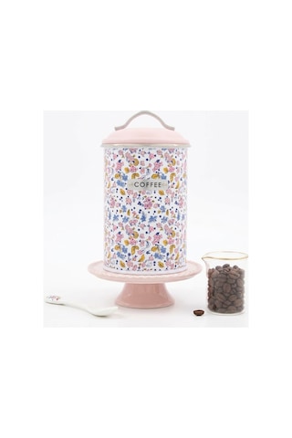 Çiçek Desenli Metal Kahve Saklama Kutusu - Pembe Kapaklı Vintage Coffee Kavanozu 19x10