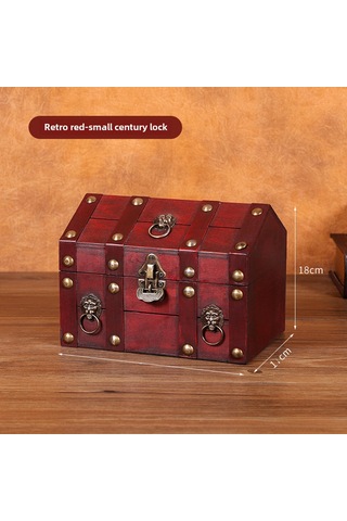 Vintage Kırmızı - Küçük Yüzyıl Kilidi Kilit Ve Şifreli Ev Şeklinde Ahşap Saklama Kutusu A