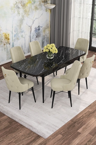 Mona Siyah Mermer Desen 80x132 Açılabilir Mdf Masa Yemek Odası Takımı, Mutfak Takımı 6 Adet Sandalye Siyah Mermer - 6 Krem - Siyah Ayak