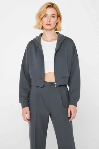 Benerly Kadın Kapüşonlu Fermuarlı Düşük Kol Örme Sweatshirt Fonksiyonel D Antrasit