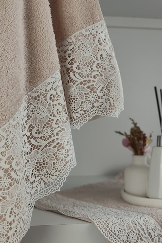 Gipür Dantelli Banyo Havlusu Takımı-%100 Pamuk Banyo Seti-gelin Havlusu Pudra Pudra