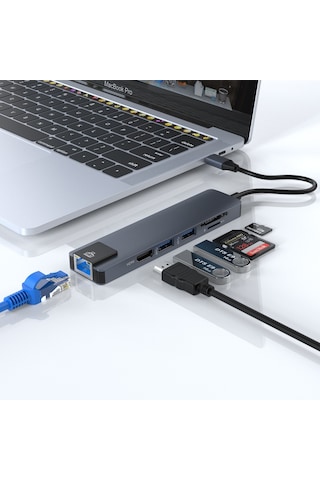 Smartgift 6 Port USB Hub Type C Ethernet/HDMI Adaptör USB 3.0 Çoklayıcı Çoğaltıcı Gri