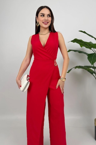 Crimson Icon Kadın Kemer Detaylı Askılı Bol Paça Kırmızı Tulum Rahat Şık Yazlık Kombin Kırmızı