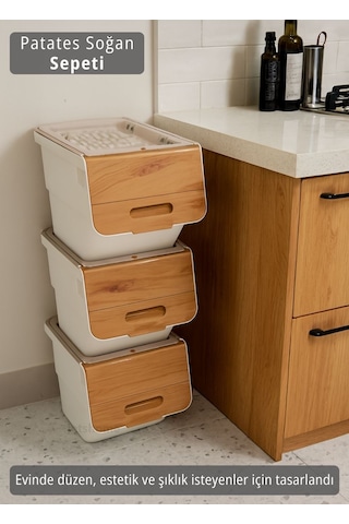 3 Lü Tekerlekli Sebzelik Patates Soğan Sepeti Soğanlık Organizer Kutu Bambu Beyaz Desen 36 Lt Bambu-beyaz