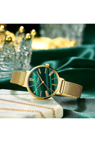 Padalink Curren Kadın Kuvars Saat, 3atm Su Geçirmez, Zümrüt Rengi Ağı Tel Bantlı, Altın Kasa, Klasik Tasarım, Kol Saati Gold