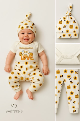 Babyden's 3 Lü Yenidoğan Takım Babaannesinin Balı Baskı Kısa Kol Body Arı Çiçek Desenli Ribana Pantolon Bere Ekru
