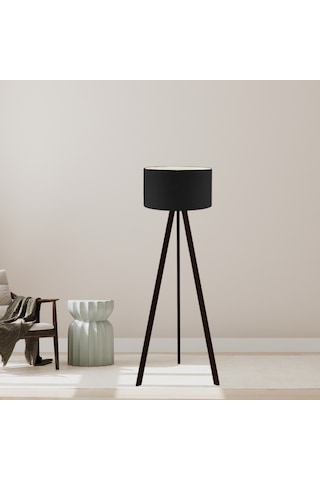 Pratik Tripod Ahşap Ayaklı Lambader Köşe Lambası Siyah Kumaş Dark Siyah