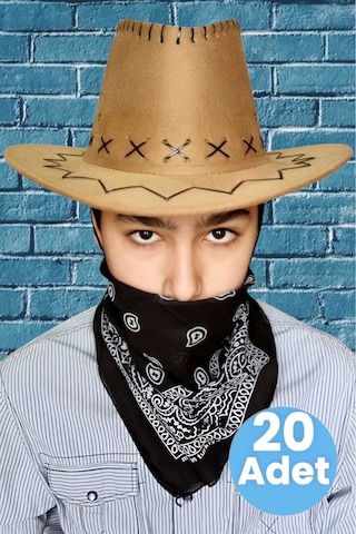 Uniquetrenders Çocuk Unisex Bandanalı 20'li Nubuk Kovboy Şapkası 8-14 Yaş Cappuccino 3