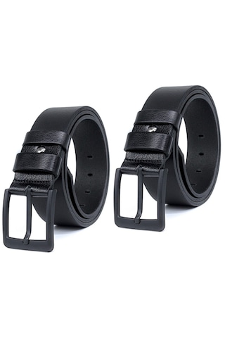 2'li Siyah - Siyah Manda Derisi Erkek Kot Kemeri 4,5 Cm Siyah Siyah