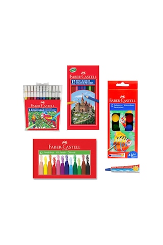 Faber Castell 4 Lü Boyama Seti 12 Li Kuru + Keçeli + Pastel + Sulu Boya + Sıvı Yapıştırıcı