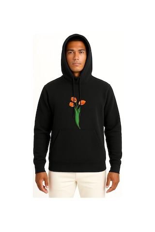 Bahriyeli Collection Kapüşonlu Hollanda Lale Göğüs Baskılı Unisex Sweatshirt Siyah