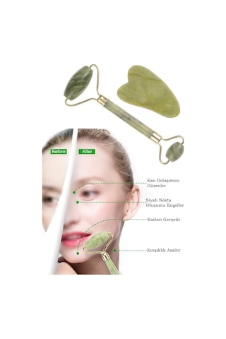2li Jade Roller Kalp Şeklinde Ve Çift Taraflı Yüz Masaj Aleti Yüz Bakım Seti 2li Set Doğal