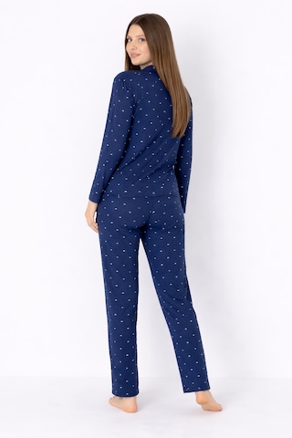 Charme Kadın Lacivert Desenli Düğmeli Uzun Kollu Rahat Pijama Takımı Lacivert