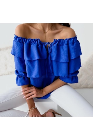 Yaz Kadın T-shirt Tek Boyun Şifon Gömlek Kadın Elastik Omuz Kravat Fırfır Üstleri Rahat Gevşek Orta Kollu Mavi