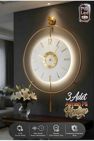 MetaQuartz Aksesuar İskandinav Kadran Gold Büyük Boy 50 x 75 CM 3 Adet Pil Metal (Mobilya) Duvar Saati Gold