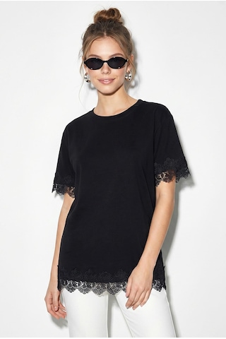 Shade Kadın Bisiklet Yaka Dantel Detaylı Oversize T-shirt 2134 60286120 - Siyah