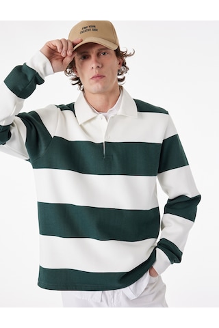 Koton Regular Fit Uzun Kollu Şardonlu Düğmeli Polo Yaka Çizgili Sweatshirt Yeşil Çizgili 6wam70297mk