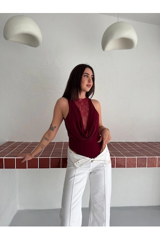 Primemagazam Kadın Dantel Detaylı Derin Dekolte Body Şık Kolsuz Yazlık Bodysuit - Bordo Çeşitli