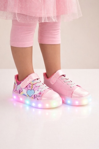 Mini Bonito Kız Çocuk Desenli Işıklı Led Tabanlı Simli Cırt Cırtlı Sneaker Pembe