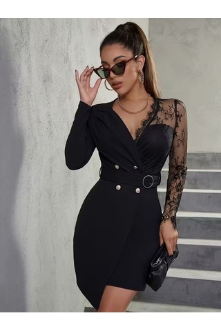 Butik İstanbul Kadın Uzun Kollu Kruvaze Yakalı Önden Düğmeli Kısa Ithal Krep Elbise Siyah