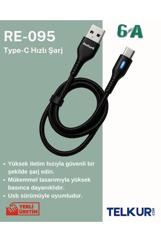 Ferro Re-095 Reshurk Type-c Hızlı Şarj - Ledli - Hasır Kablo 6.0 Amper 66w
