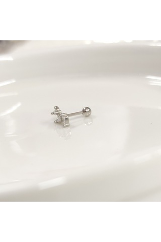 Üç Taş Mekik Gümüş Tragus Pıercıng - Rodyum Beyaz Beyaz