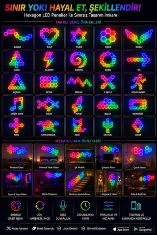 Hexagonel Oda Işığı Birleştirilebilir Rgb-ıc Telefon Ve Kumanda Kontrollü 6 Lı Yok