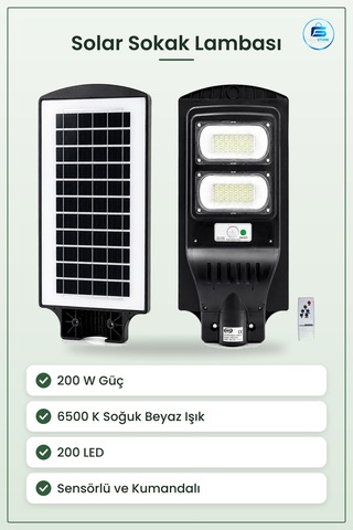 Solar Sokak Lambası 200 W K Sensörlü Kumandalı Güneş Enerjili Led
