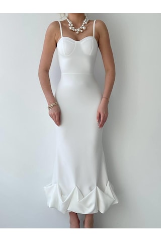 Simala Dominic Eteği Büzgülü Midi Boy Elbise Ekru