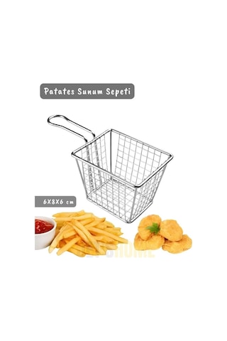 Kare Patates Sunum Sepeti Paslanmaz Çelik Patateslik Kızartmalık 6x8x6 Cm Gri