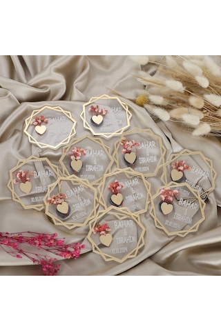 10 Lu Kişiye Özel Akrilik Magnet Nikah Şekeri - Altın Detaylı Çiçekli Tasarım