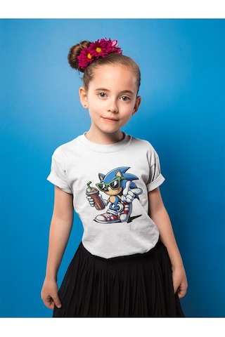 Sevbano Havalı Sonic Baskılı Unisex Çizgi Film Çocuk Tişört 1-12 Yaş Beyaz
