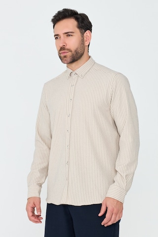 White Stone Krem Rengi Çizgili Dynamic Fit Erkek Uzun Kollu Gömlek