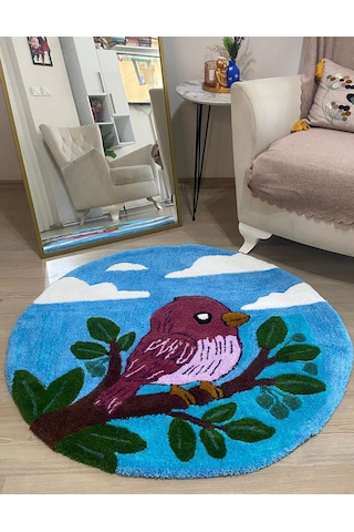 El Yapımı Tufting Kuş Temalı Yuvarlak Halı / Paspas Açık Mavi