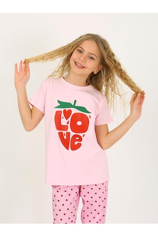 Kız Çocuk Kısa Kollu %100 Pamuklu Pijama Takımı Cute Love Toz Pembe