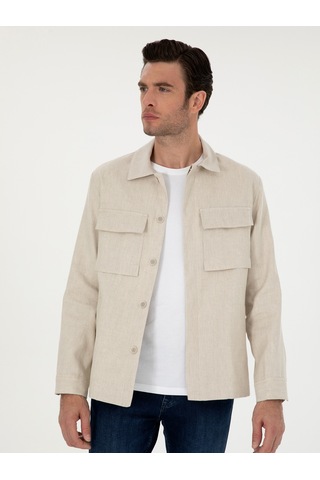 Cacharel Bej Slim Fit Keten Karışımlı Ceket Gömlek 15469610