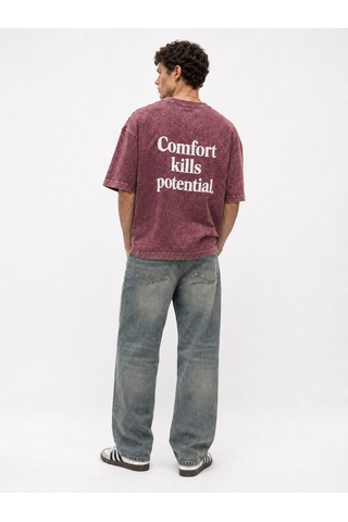 Respire Erkek Puf Baskılı Yıkamalı Oversize T-shirt Bordo