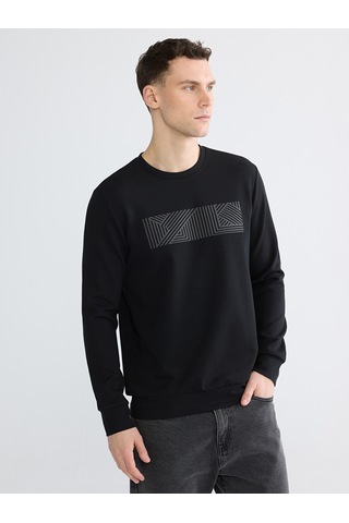 Lcwaıkıkı Classic Siyah Bisiklet Yaka Baskılı Erkek Sweatshirt