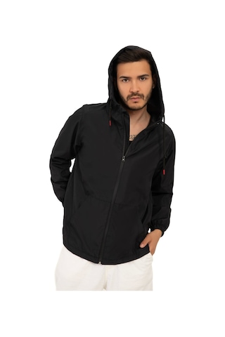 Riverstorm Erkek Siyah İçi Astarlı Kanguru Cepli Su Ve Rüzgar Geçirmez Kapüşonlu Cepli Yağmurluk Siyah