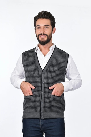 Kamalı Gri Erkek Çelik Örgü Düğmeli Cepli Kazayağı Desen Tüylenmeyen Triko Kışlık Kazak Yelek Gri